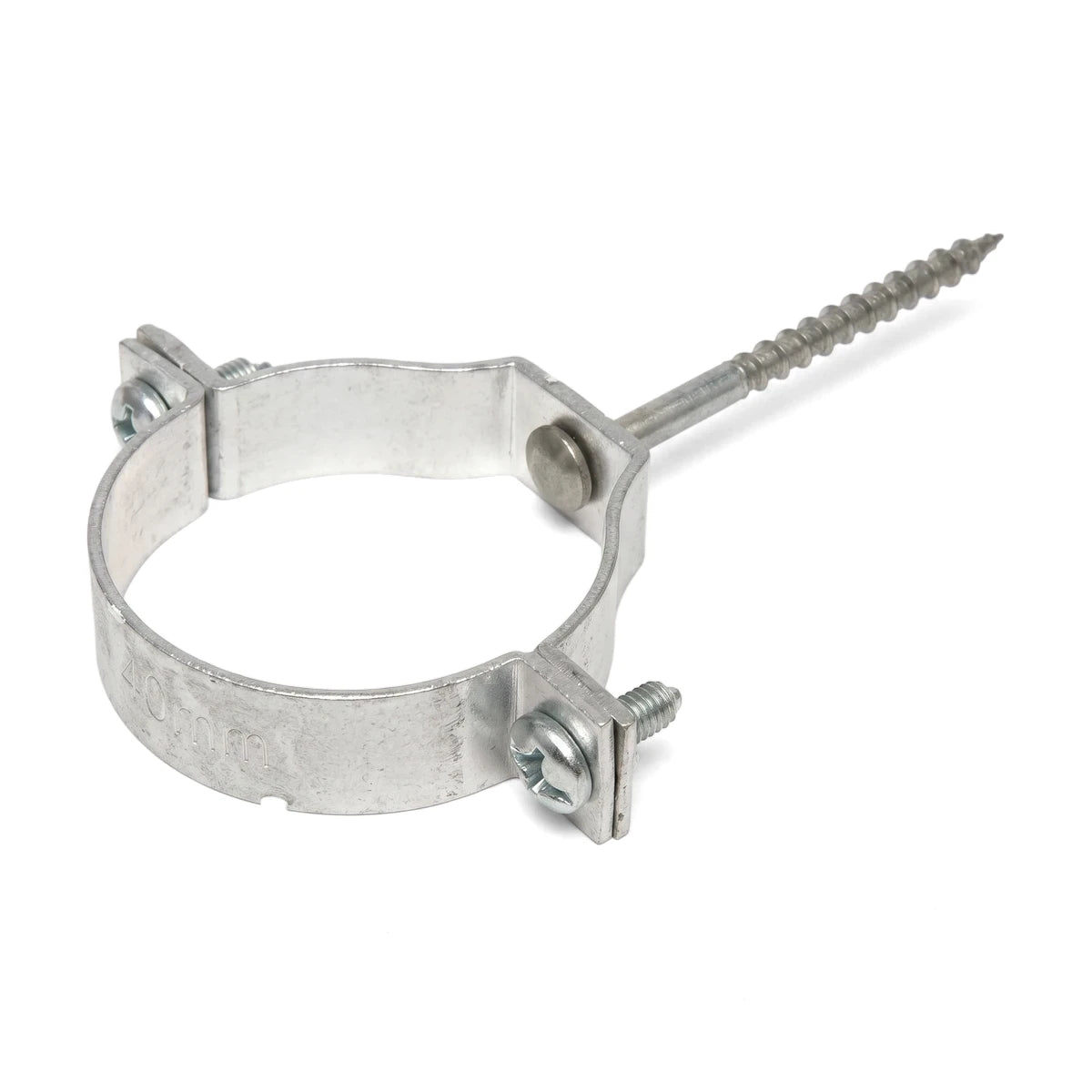 40mm silver aluminum holderbat bracket with a long screw for secure pipe mounting, shown at an angle on a white background.