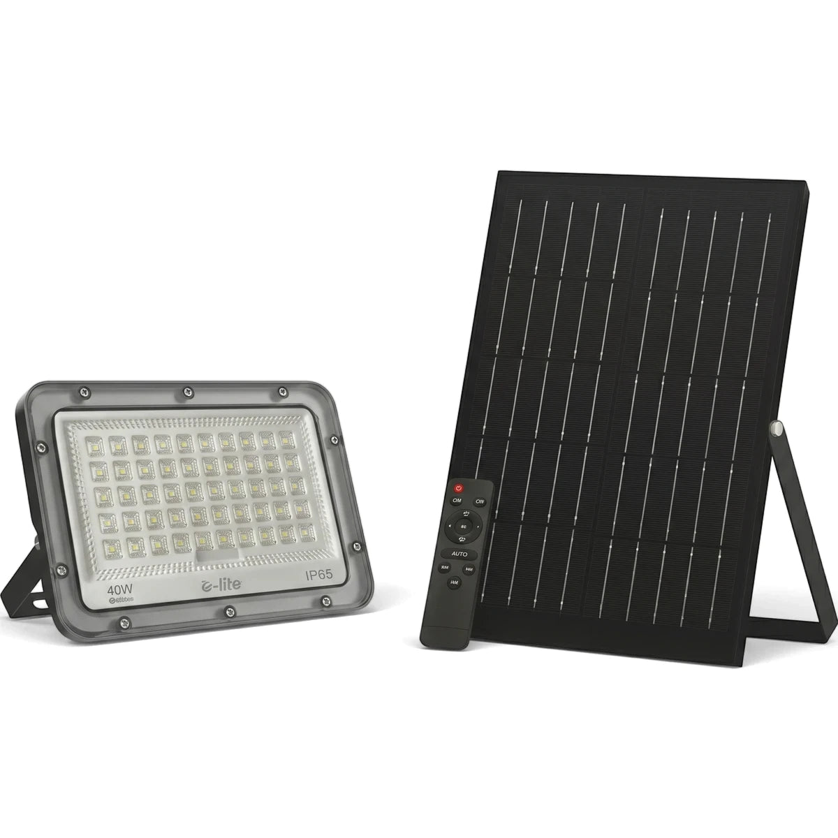 40W grey solar flood light with a black solar panel and remote control, providing cool white illumination.