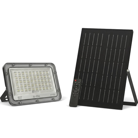 40W grey solar flood light with a black solar panel and remote control, providing cool white illumination.