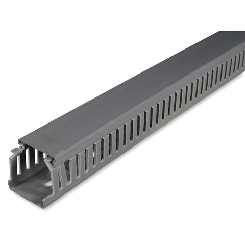 Gray 40X40 Slotted Trunking, shown from an elevated perspective, designed for efficient cable management.