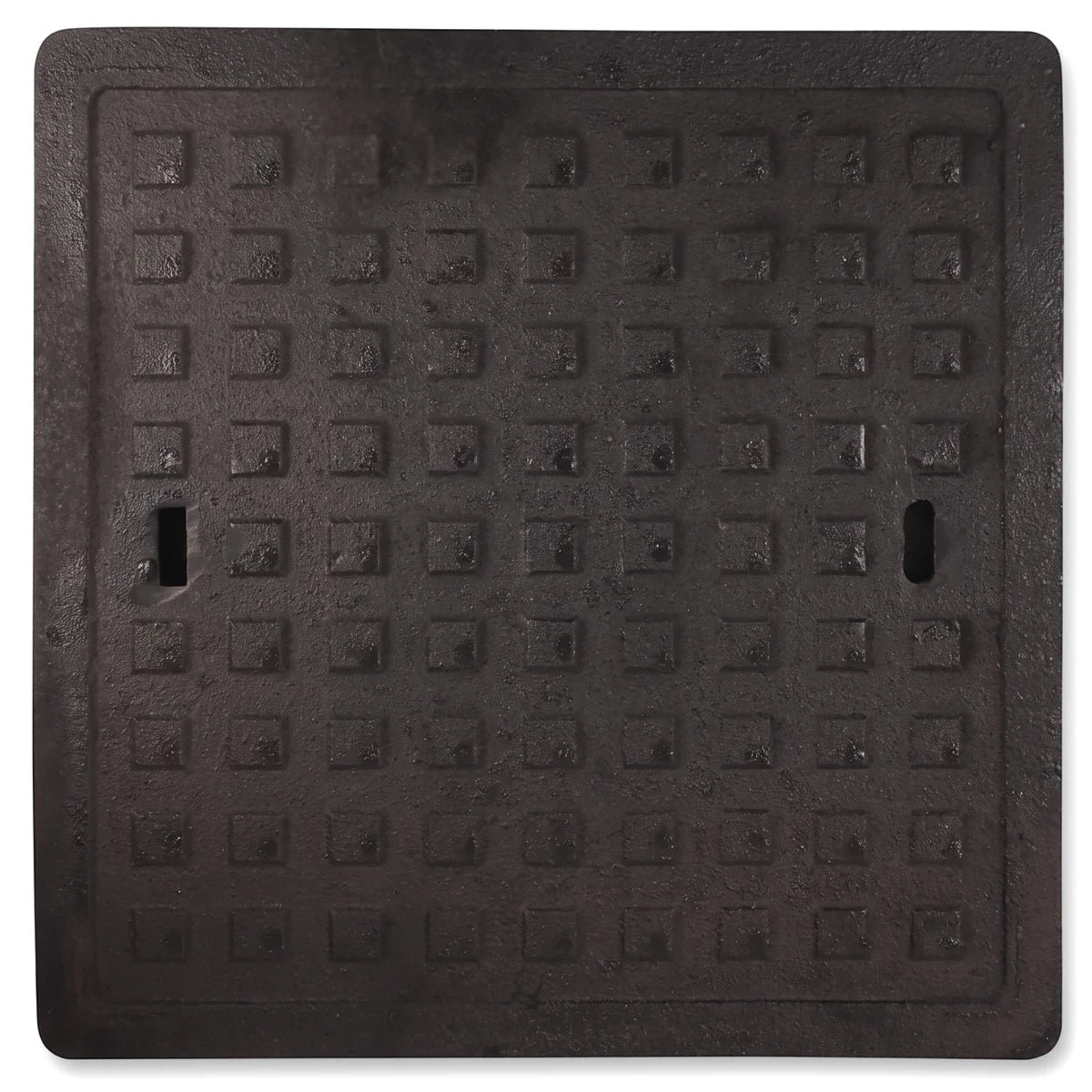 Square 450x450mm slotted drainage access cover, heavy-duty cast iron manhole cover in dark finish, top-down view.