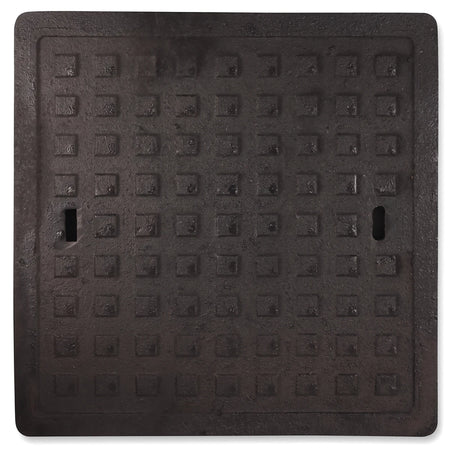 Square 450x450mm slotted drainage access cover, heavy-duty cast iron manhole cover in dark finish, top-down view.