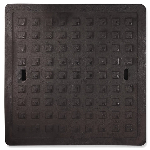 Square 450x450mm slotted drainage access cover, heavy-duty cast iron manhole cover in dark finish, top-down view.