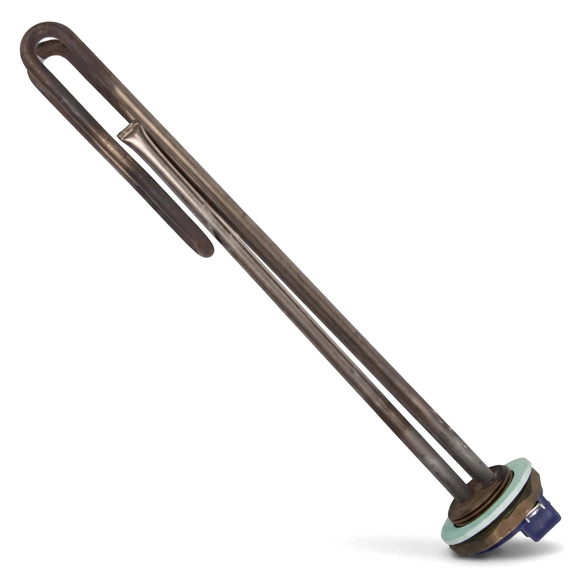 Metallic 4Kw Boss Hard Water Element Geyser Element, U-shaped and angled, shown from a direct view.