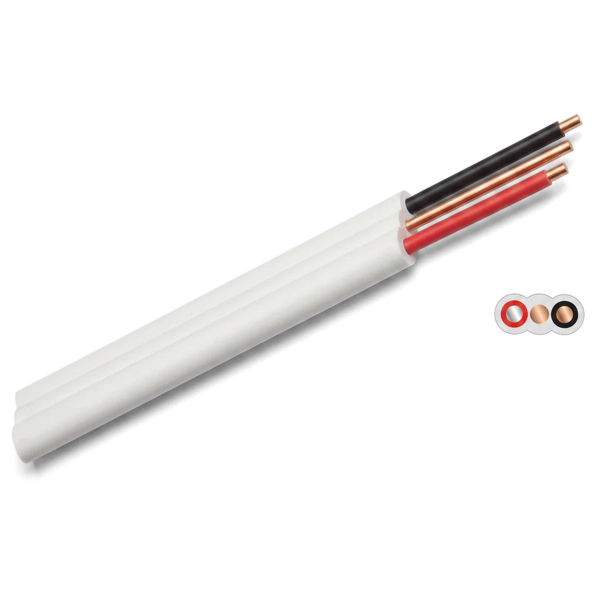 4mm flat twin and earth electrical wire, 5M length, with a white outer sheath and exposed red, black, and copper conductors.