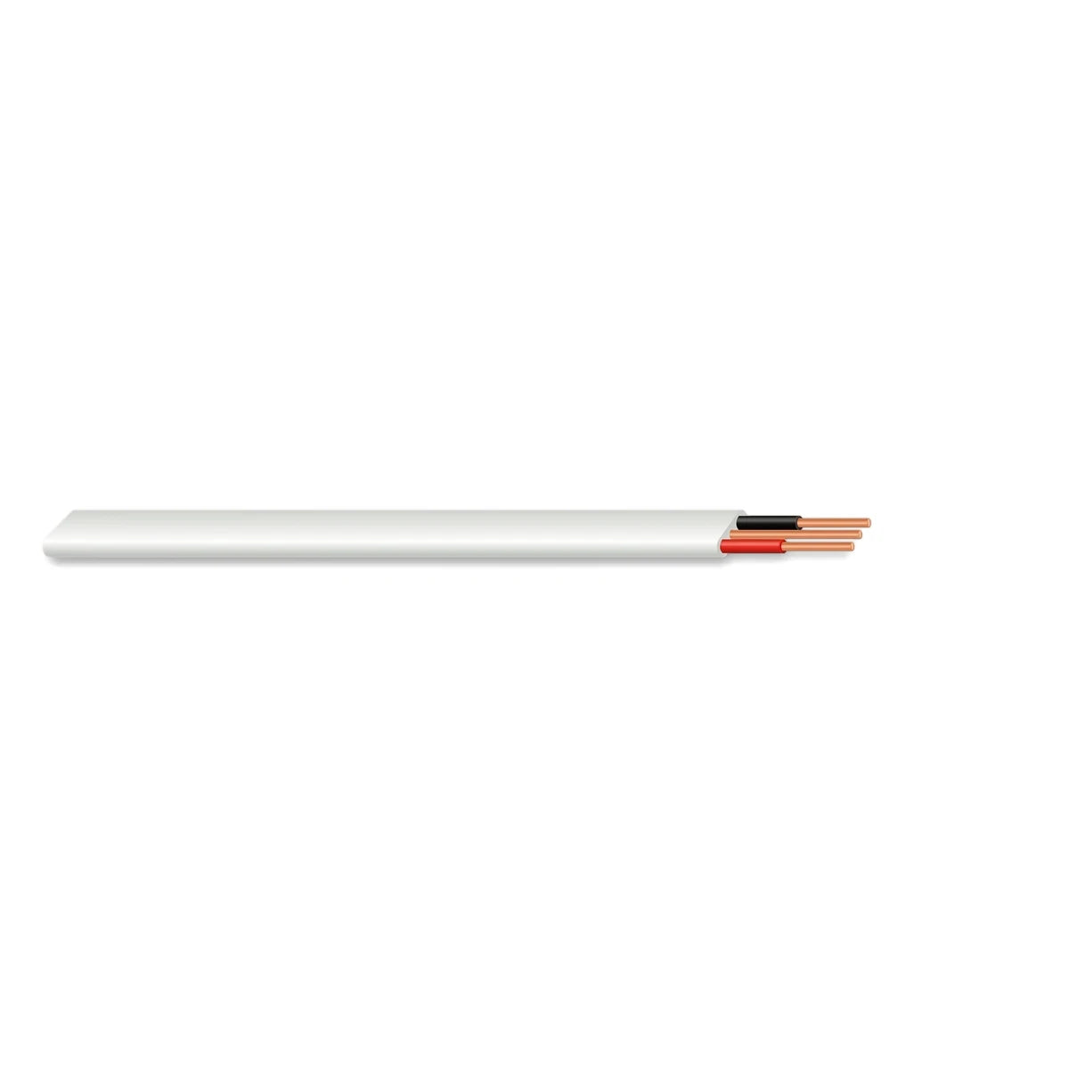 4mm flat twin and earth electrical wire, white insulated cable with exposed red, black, and copper conductors.