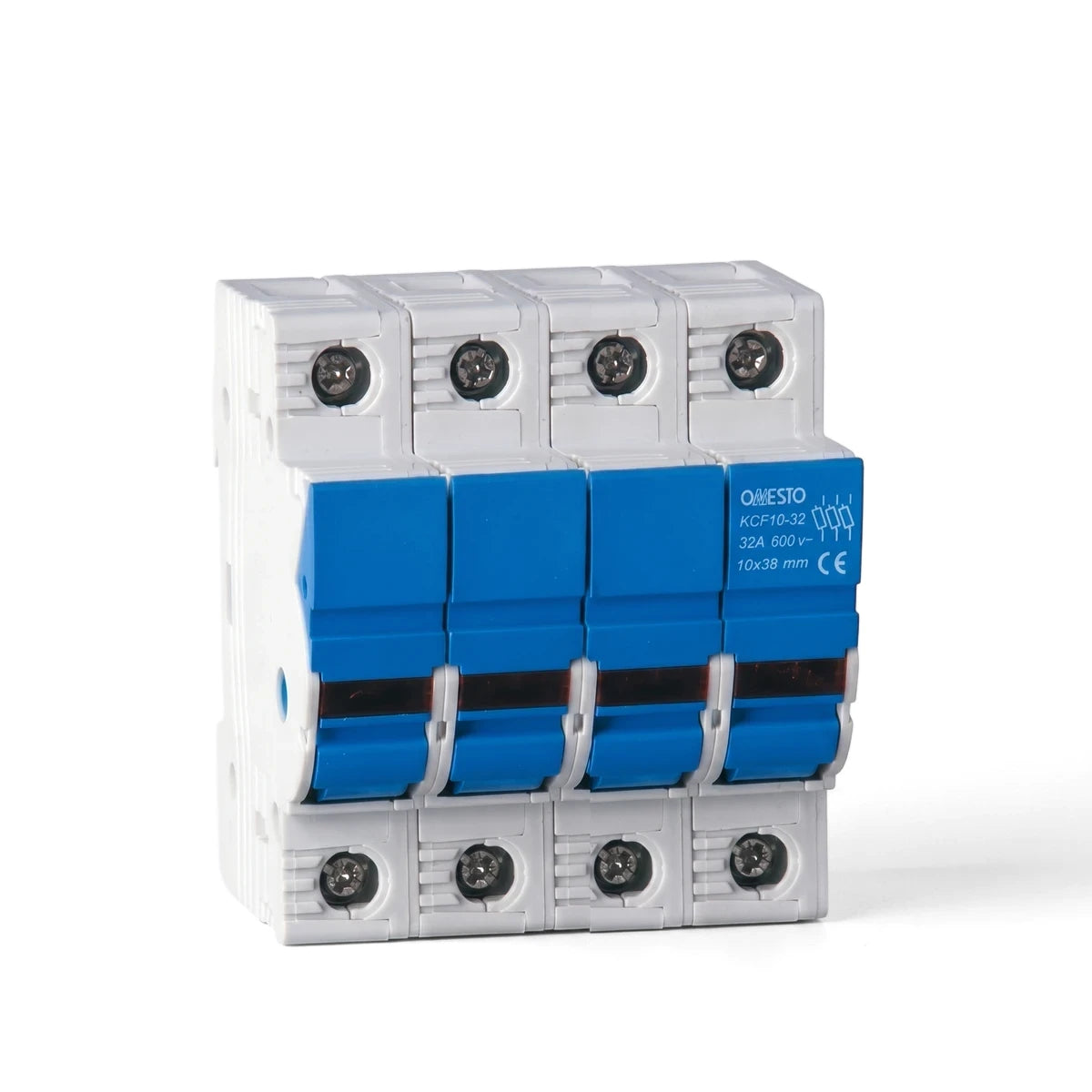 A white and blue 4P 1000Vdc Fuse Holder, an electrical safety device, shown from a front-angle view.