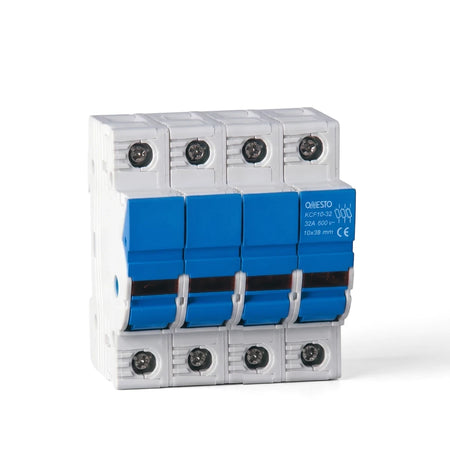 A white and blue 4P 1000Vdc Fuse Holder, an electrical safety device, shown from a front-angle view.