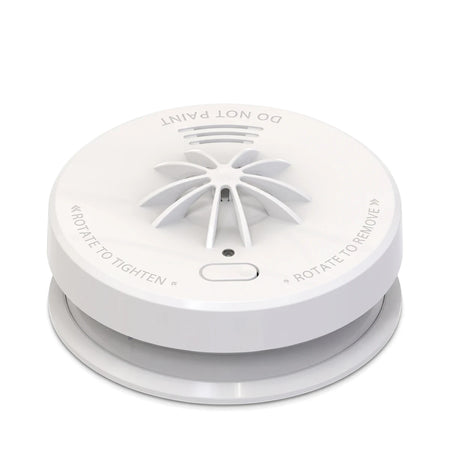 White circular 5 Year Battery Life Heat Alarm, designed for ceiling or wall mounting, shown from an angled perspective.