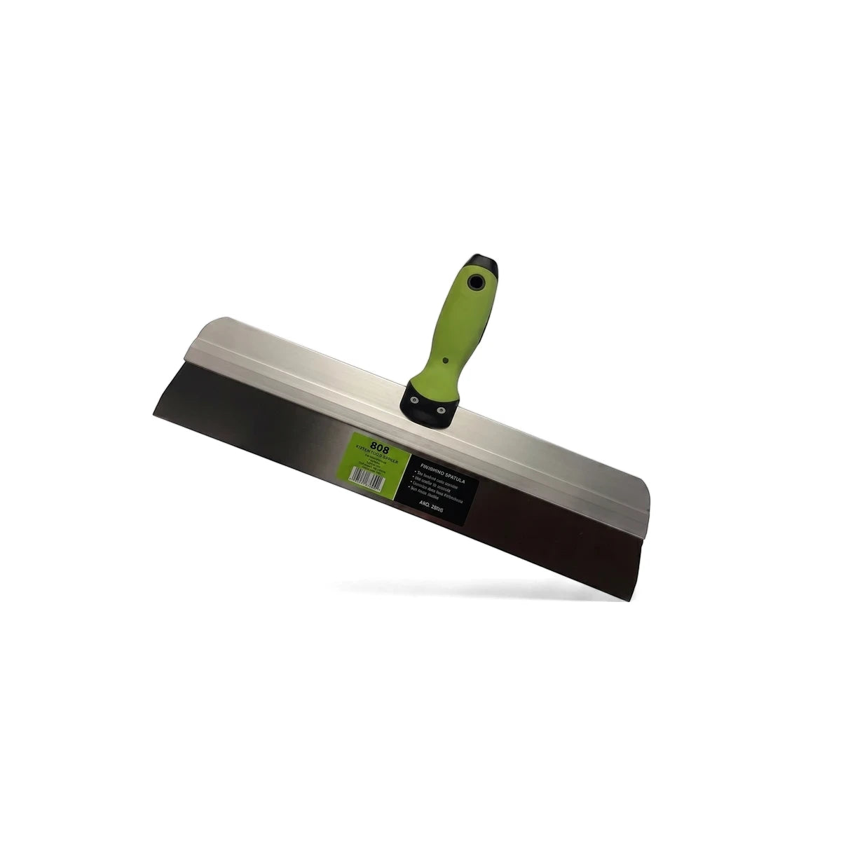500 mm stainless steel finishing spatula with a vibrant green ergonomic handle, shown diagonally against a white background.