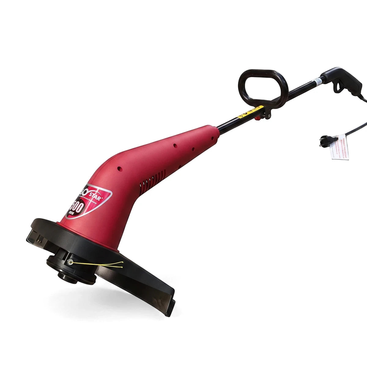 A red and black 500W electric line trimmer, or weed eater, with its electrical cord. Product for lawn care.