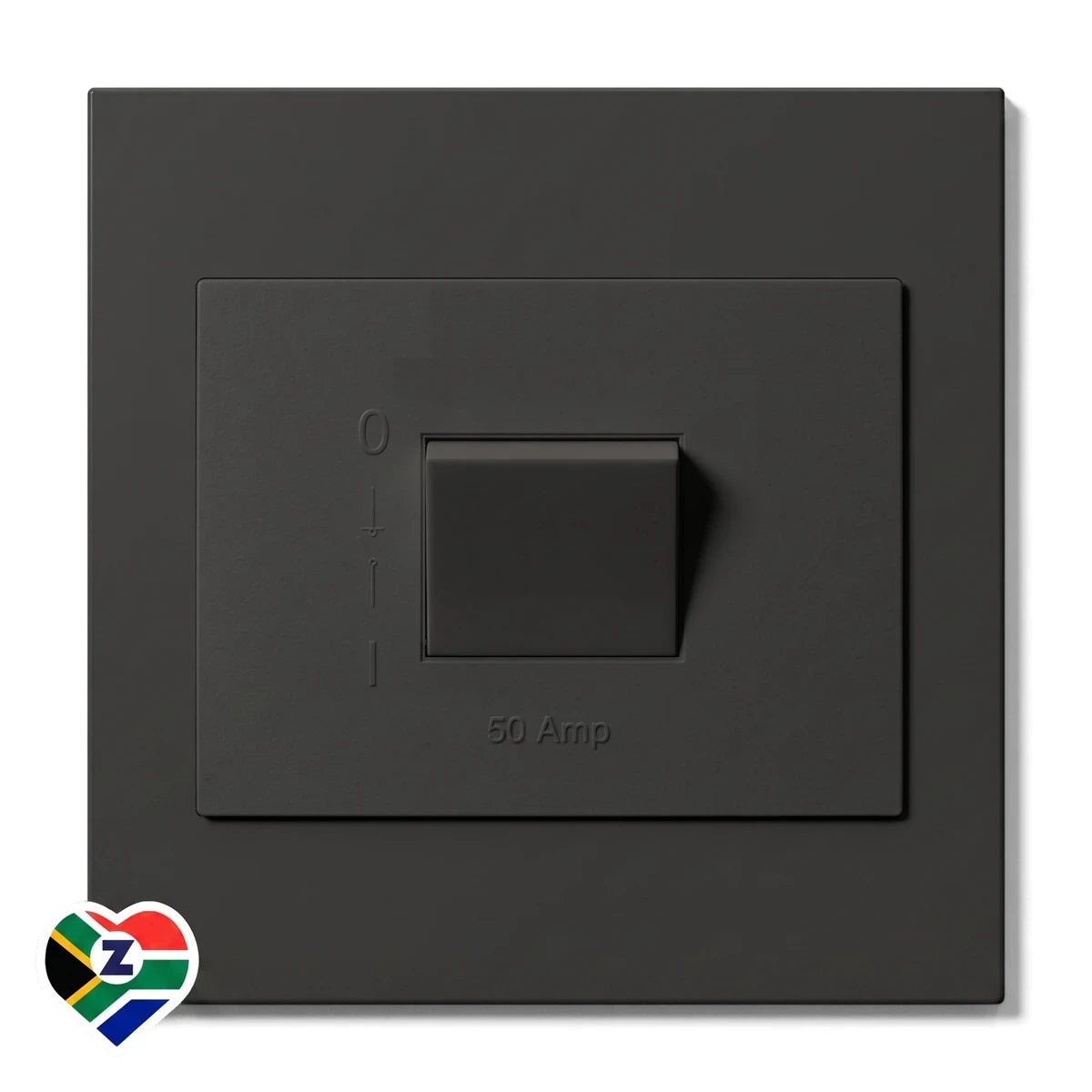 Front view of a dark gray 50A 2 Pole Isolator switch. This charcoal electrical isolator features a toggle switch and amp
