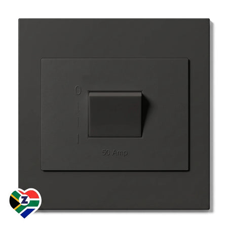Front view of a dark gray 50A 2 Pole Isolator switch. This charcoal electrical isolator features a toggle switch and amp