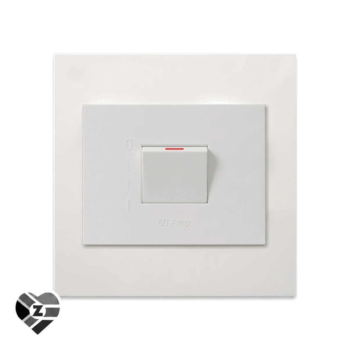 50A 2 Pole Isolator white wall plate switch, front view with centered rocker and small red indicator line.