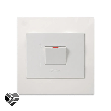 50A 2 Pole Isolator white wall plate switch, front view with centered rocker and small red indicator line.