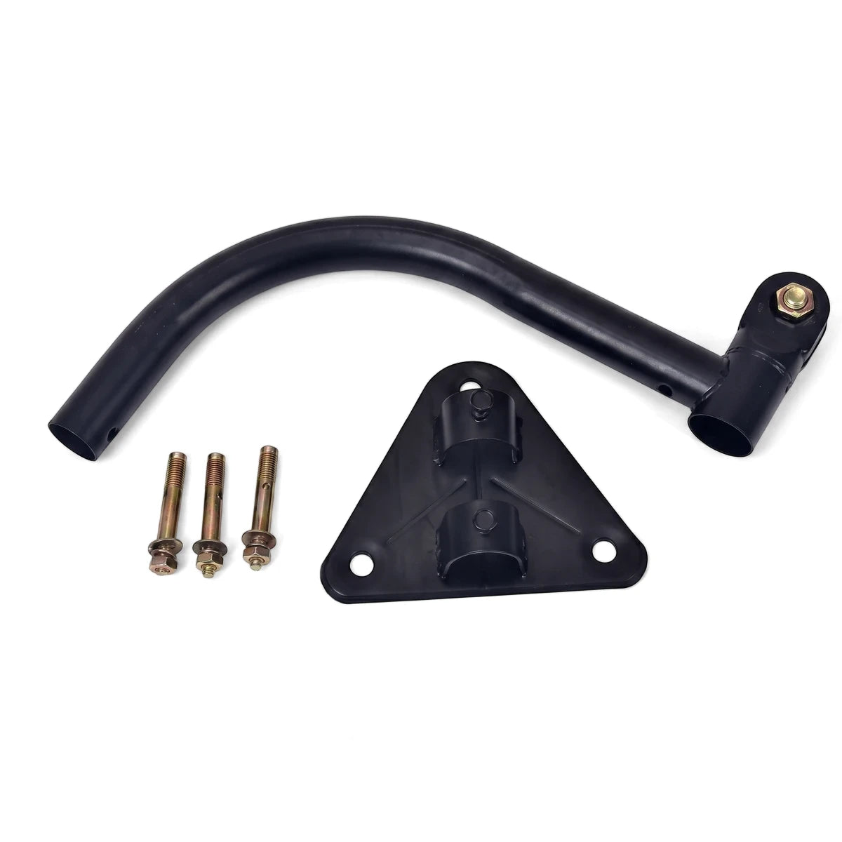 Black metal bracket and three anchor bolts for a 50cm pedestal fan, featuring a curved tube and triangular base.