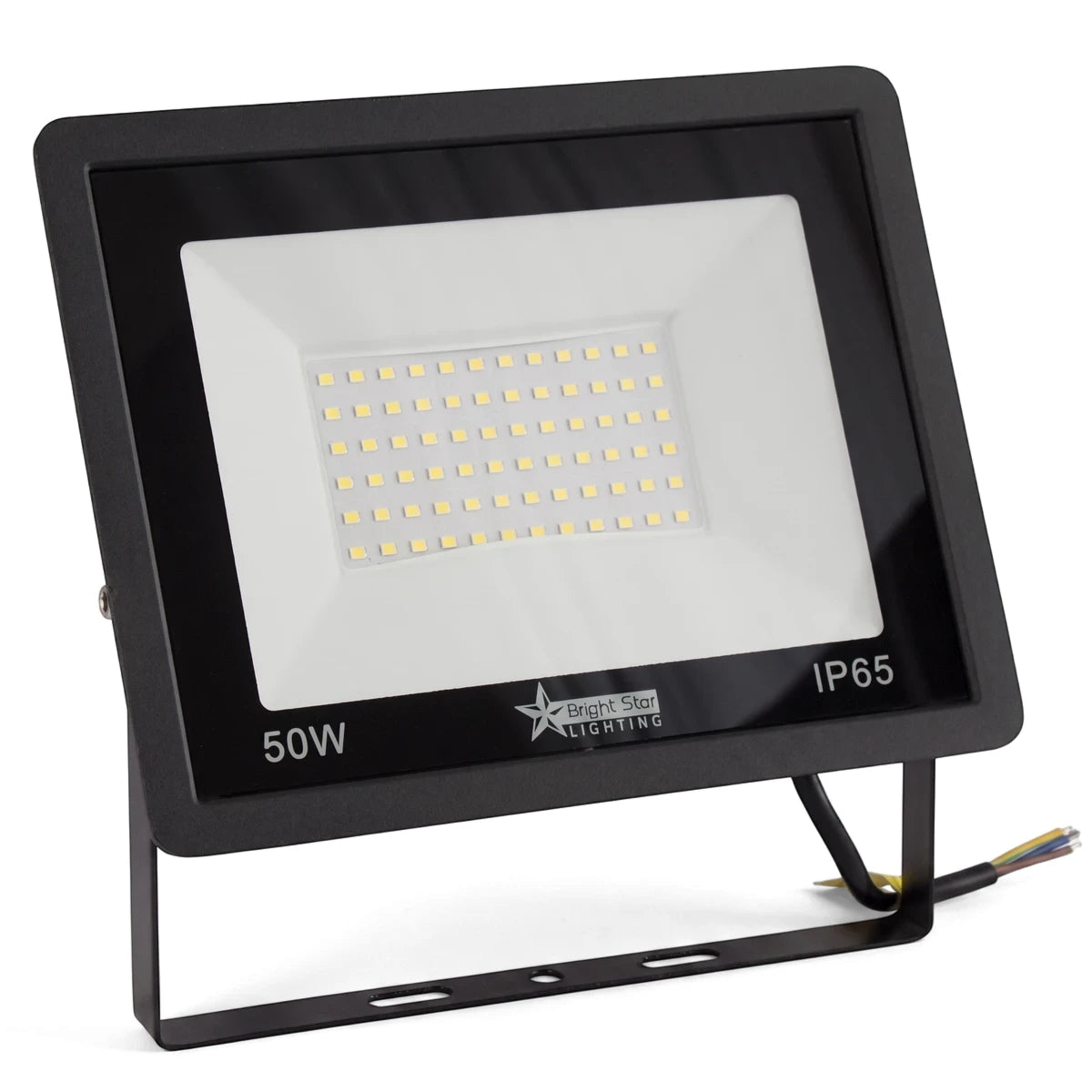 Black 50W LED flood light with a toughened glass lens, an IP65 rating, and visible LED chips, shown angled.