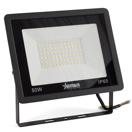 Black 50W LED flood light with a toughened glass lens, an IP65 rating, and visible LED chips, shown angled.