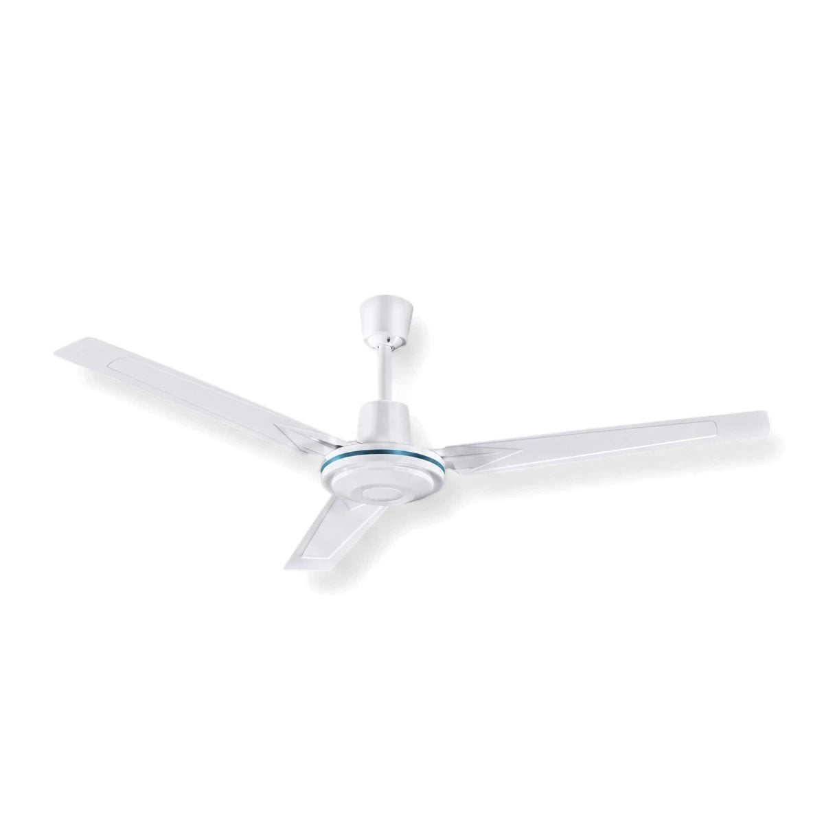 White 56 inch 65W Eco Ceiling Fan with three blades and a subtle blue accent stripe for modern interiors.