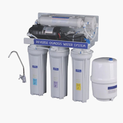 red rhino five stage reverse osmosis water system with pump, four filter housings, chrome faucet on the left, and a white