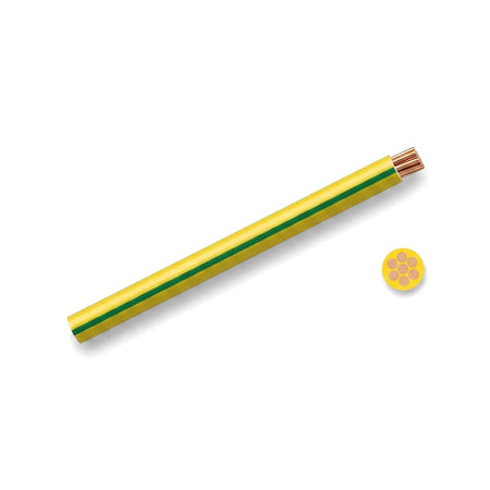 A 6.00mm GP electrical wire with green and yellow striped insulation, showing a segment and a cross-section with copper