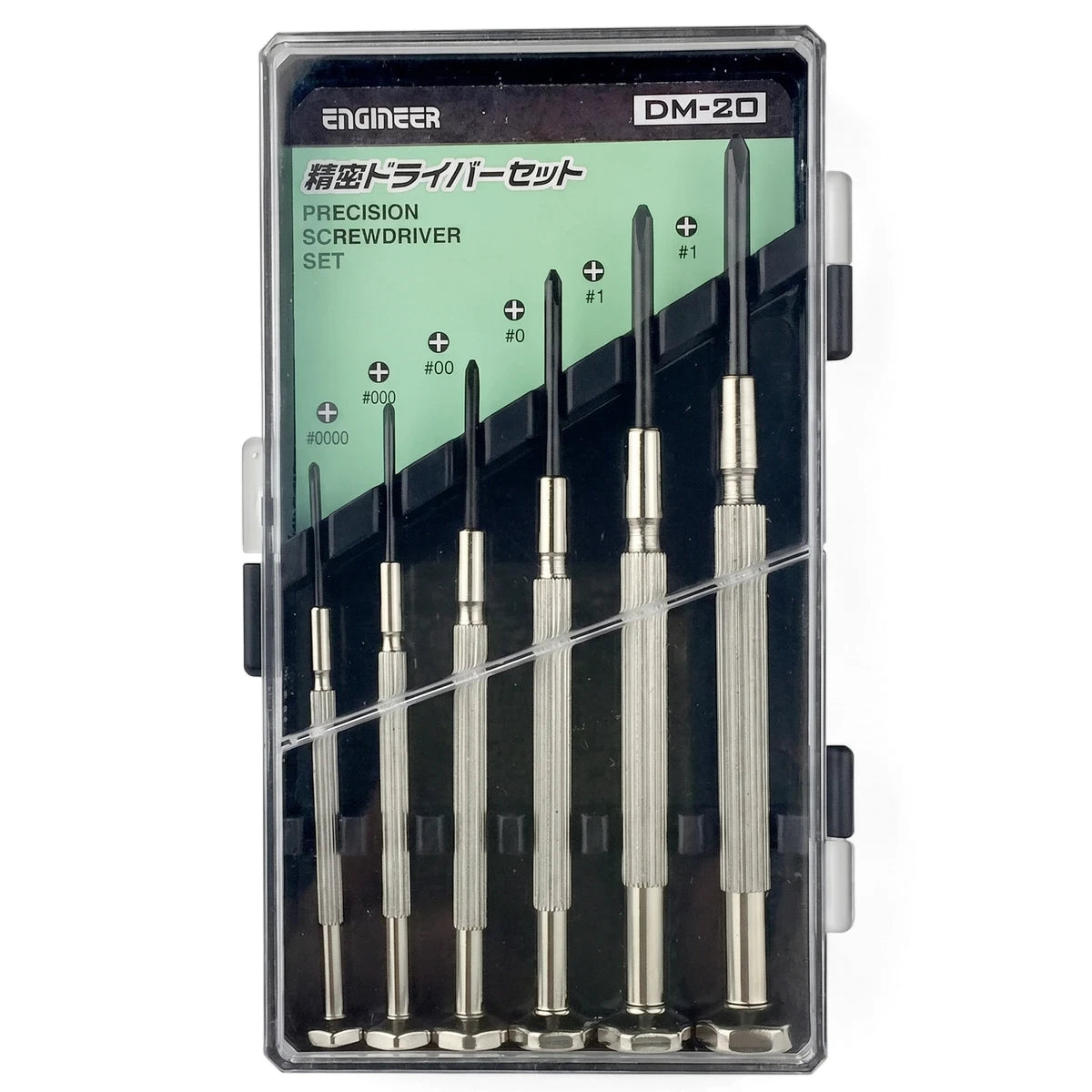6 Pce Engineer precision screwdriver set DM-20 with seven silver and black screwdrivers in a clear plastic case.