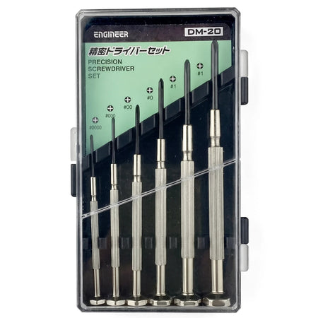 6 Pce Engineer precision screwdriver set DM-20 with seven silver and black screwdrivers in a clear plastic case.