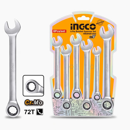 6 piece chrome vanadium steel ratchet spanner set, including 8mm, 10mm, 12mm, 13mm, 14mm, and 17mm combination wrenches.