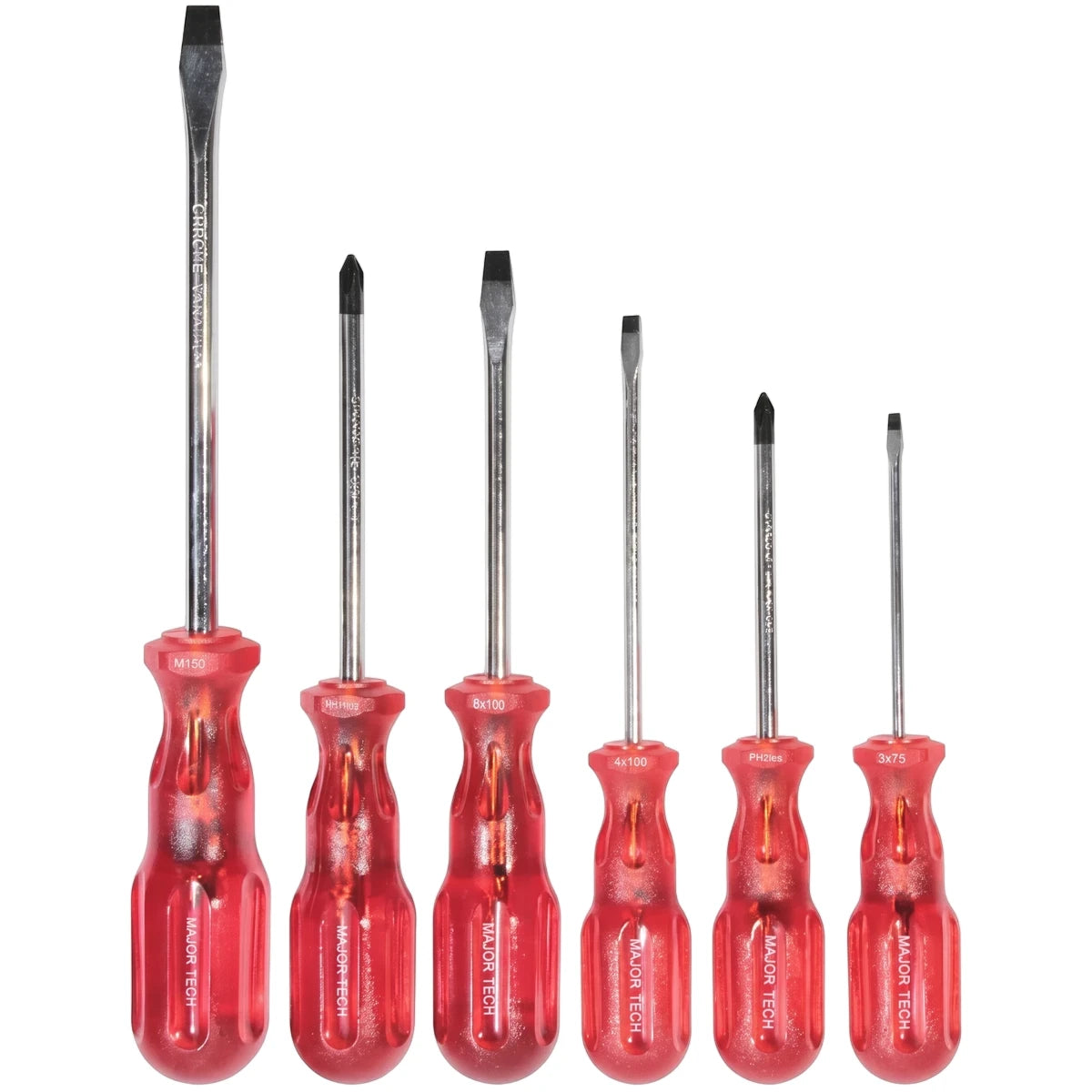 Six-piece screwdriver set with red translucent handles and chrome-vanadium shafts, arranged by size on a white background.