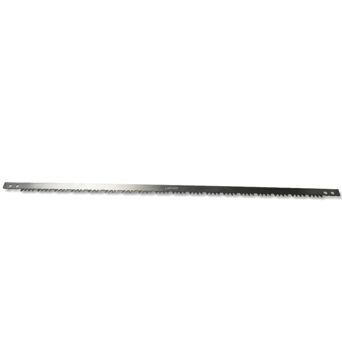 600mm dark gray metal bowsaw blade with sharp teeth and two attachment holes visible, laid horizontally on a white