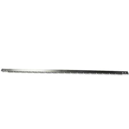 600mm dark gray metal bowsaw blade with sharp teeth and two attachment holes visible, laid horizontally on a white