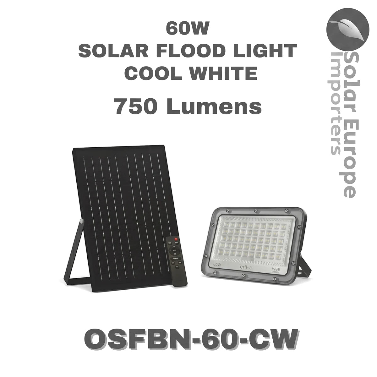 60W grey solar flood light cool white with 750 lumens, including a black solar panel and remote control.