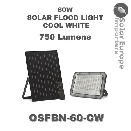 60W grey solar flood light cool white with 750 lumens, including a black solar panel and remote control.