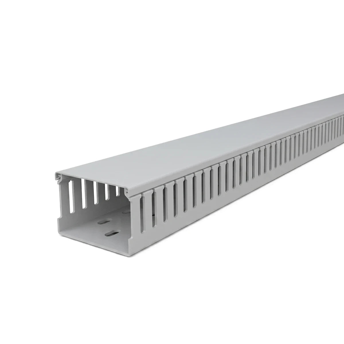 60x60 grey PVC slotted trunking for industrial cable management, viewed at an angle.