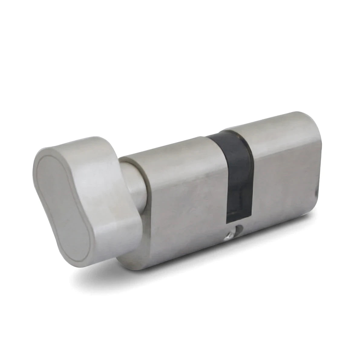 Silver 65mm large oval knob cylinder for a door lock, featuring a brushed metal finish and a distinctive oval turn.