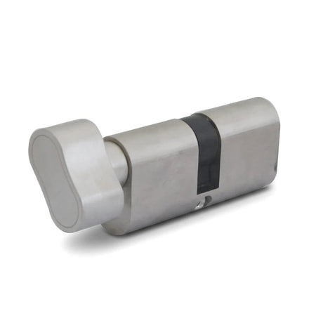 Silver 65mm large oval knob cylinder for a door lock, featuring a brushed metal finish and a distinctive oval turn.