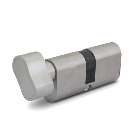 Silver 65mm large oval knob cylinder for a door lock, featuring a brushed metal finish and a distinctive oval turn.