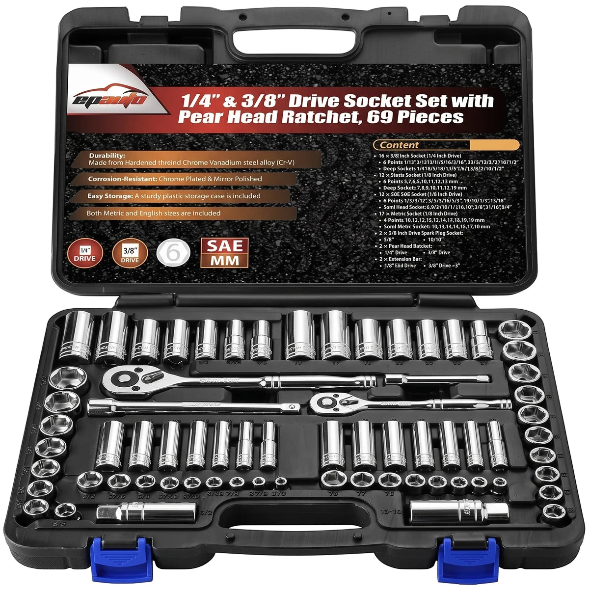 A 69-piece 1/4-inch, 3/8-inch & 1/2-inch drive socket set with pear head ratchets and chrome finish, displayed open in a