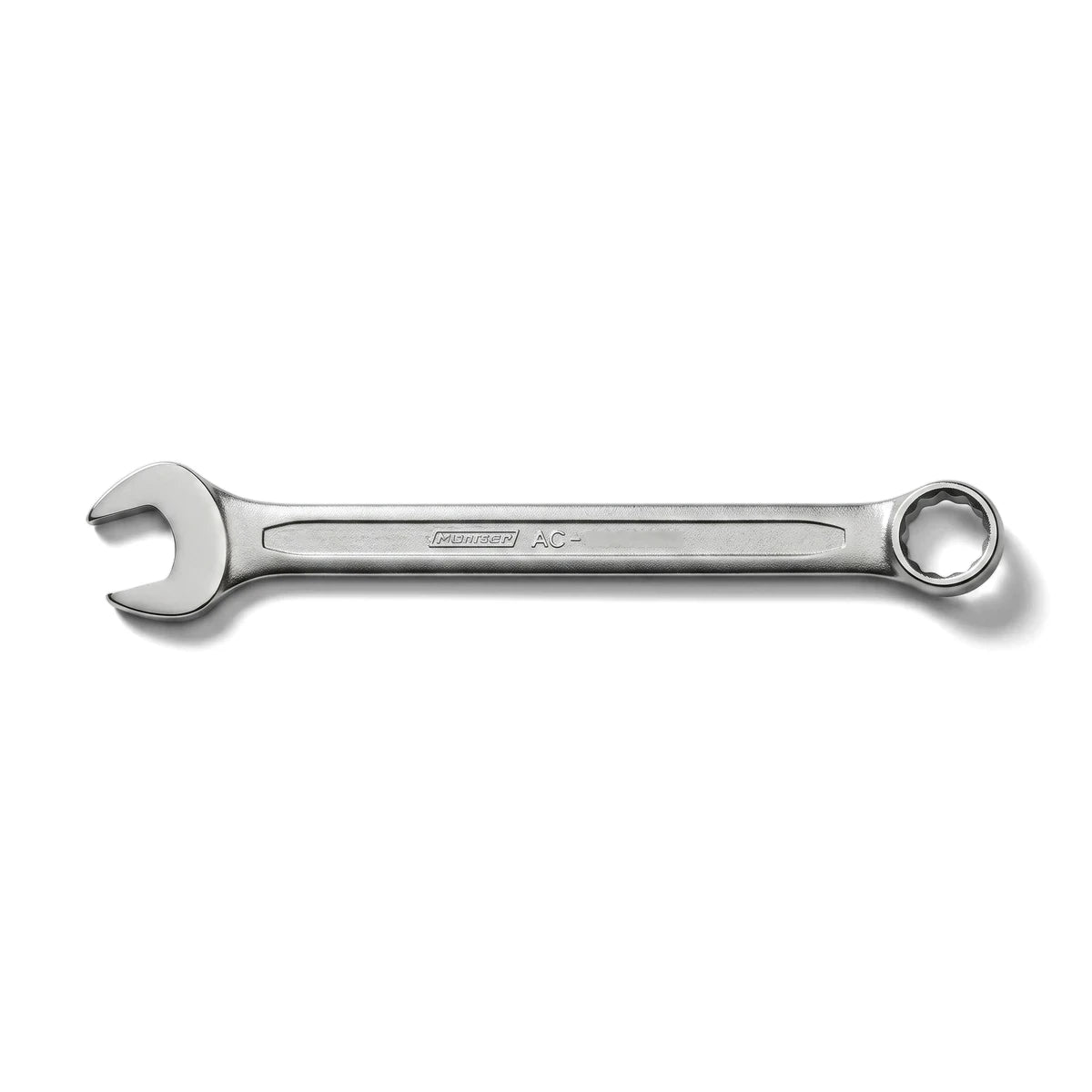 6mm combination spanner, made of metallic silver steel, viewed horizontally on a white background.