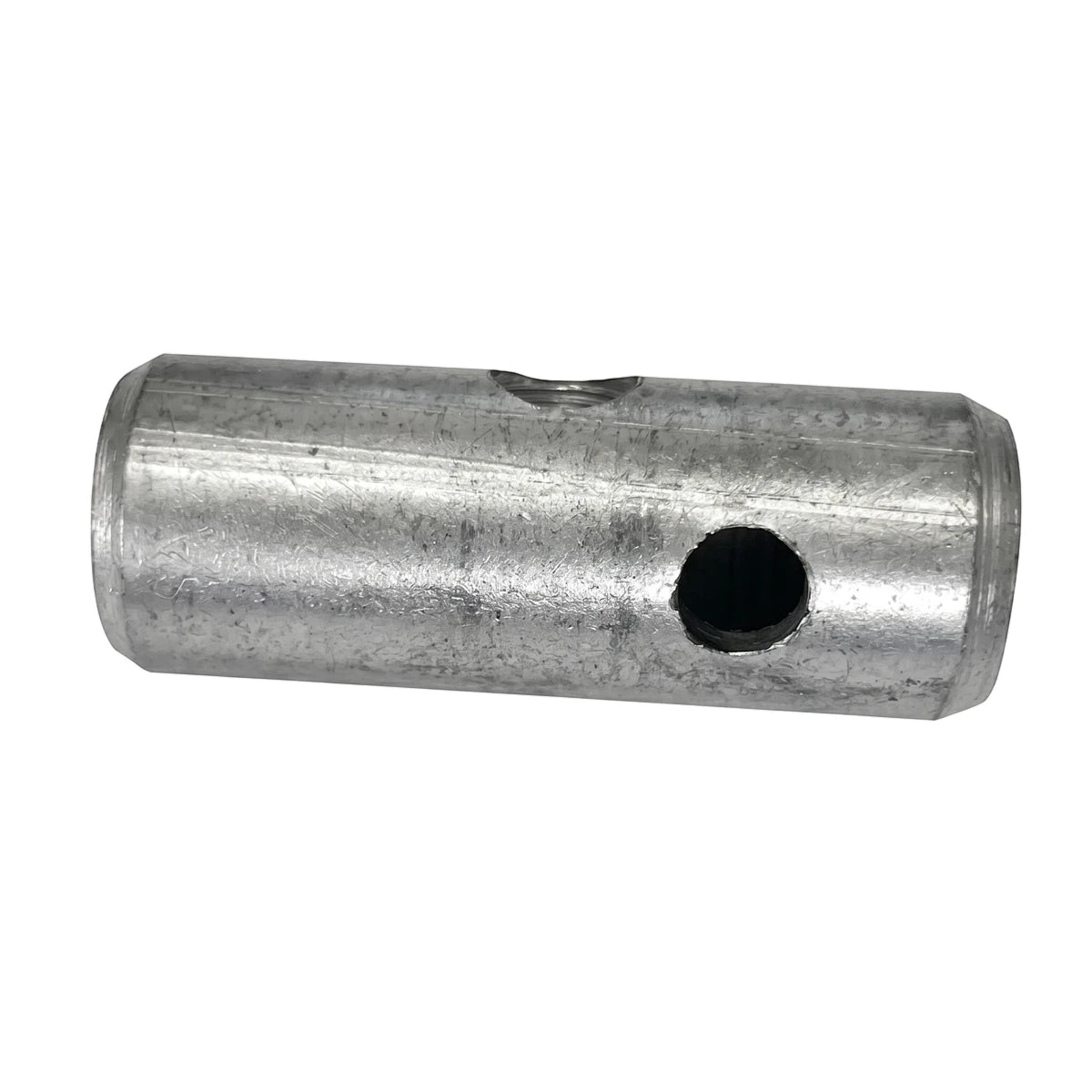 6mm Light Duty Drain Coupling, silver metallic cylindrical connector with two holes.