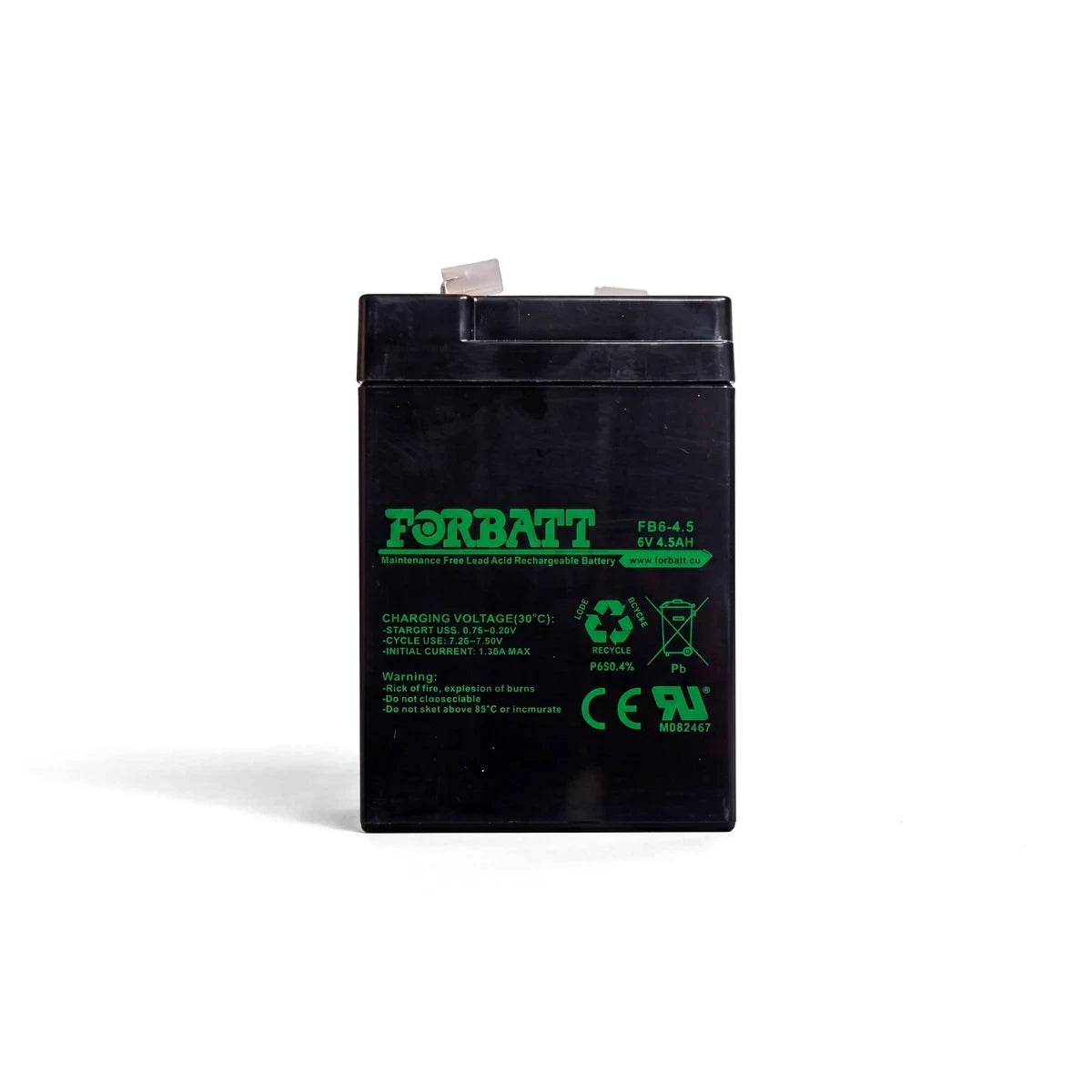 Black Forbatt 6V 4.5Ah Sealed Lead Acid (SLA) battery, rectangular, shown from the front with green labels.