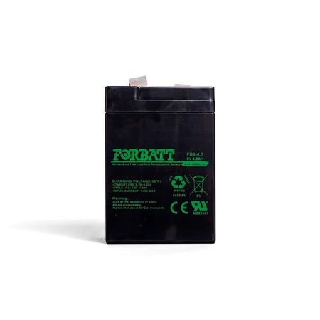 Black Forbatt 6V 4.5Ah Sealed Lead Acid (SLA) battery, rectangular, shown from the front with green labels.