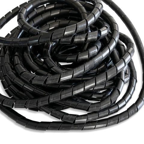 Black 7.5mm spiral wrapping cable organizer coiled in a stack, showcasing its flexible design.