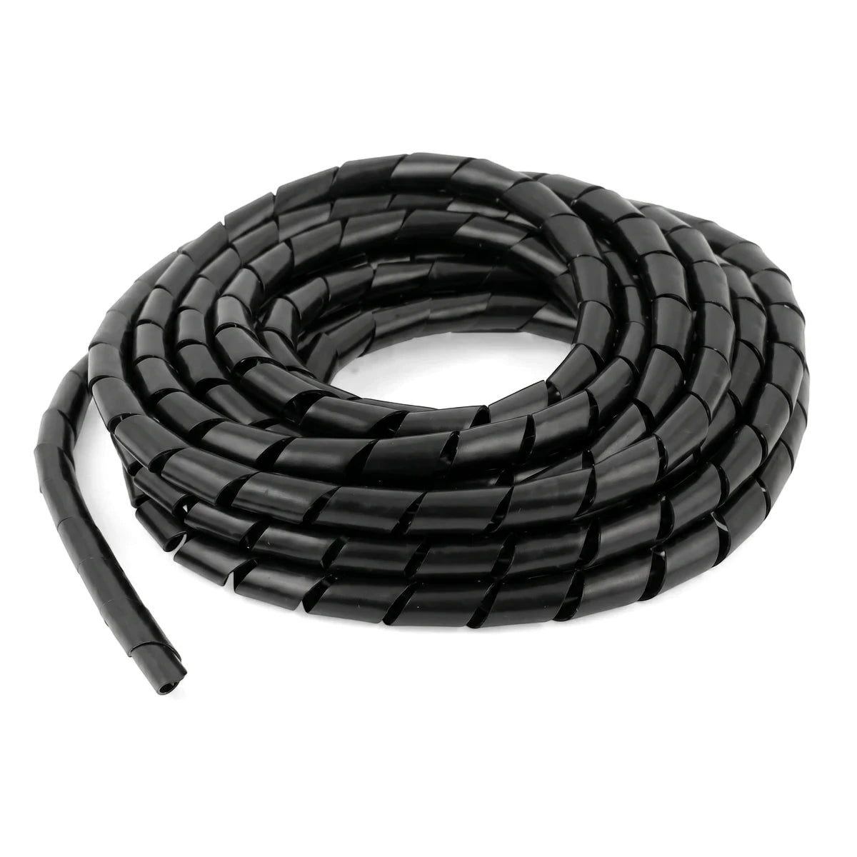 Coiled black 7.5mm spiral wrapping for cable management, a flexible and protective wire organizer on a plain white studio