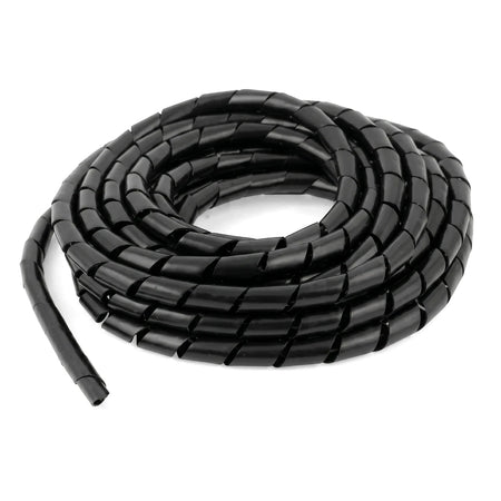 Coiled black 7.5mm spiral wrapping for cable management, a flexible and protective wire organizer on a plain white studio