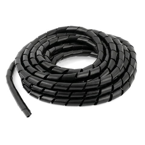 Coiled black 7.5mm spiral wrapping for cable management, a flexible and protective wire organizer on a plain white studio