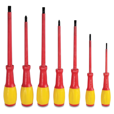 7-piece insulated screwdriver set with red and yellow ergonomic handles, featuring various flat-head and Phillips tip types.