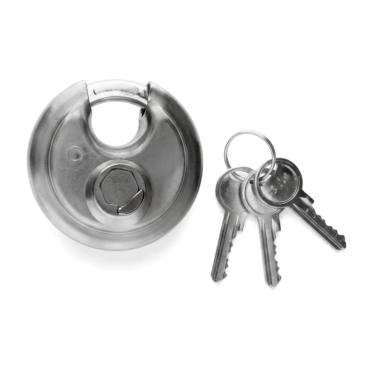 70mm silver discus padlock with a shackle and hexagonal cylinder, accompanied by three silver keys on a keyring, shown