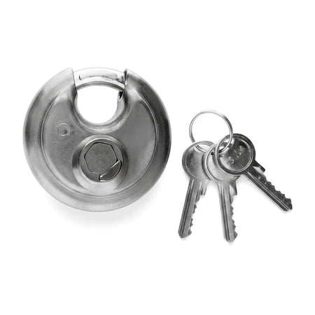 70mm silver discus padlock with a shackle and hexagonal cylinder, accompanied by three silver keys on a keyring, shown