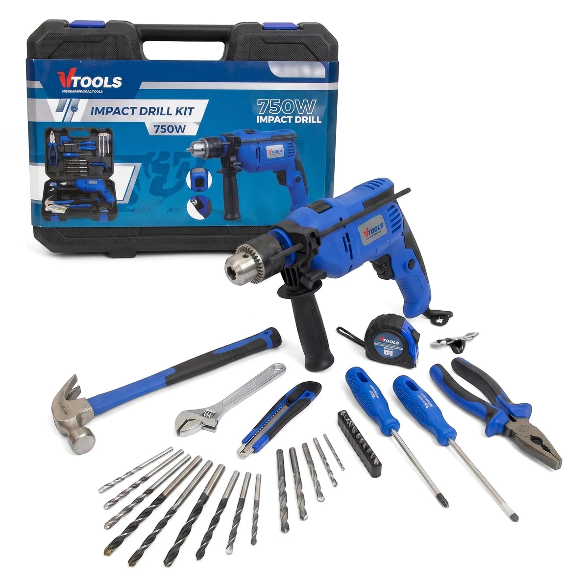750W 13mm Impact Drill Kit with various hand tools and drill bits in blue and silver.